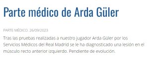 Parte médico del Real Madrid sobre Arda Güler.