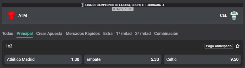 Atlético de Madrid vs Celtic por Champions League.