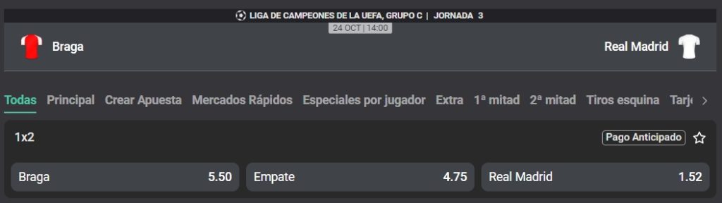 Braga vs Real Madrid por Champions League.