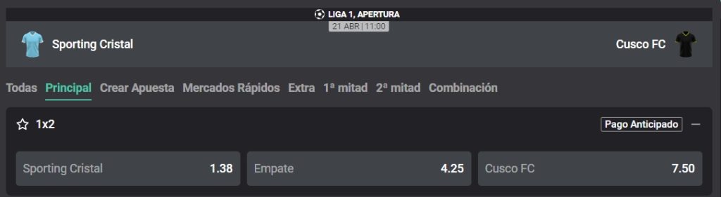 Sporting Cristal vs. Cusco FC: cuotas del partido.