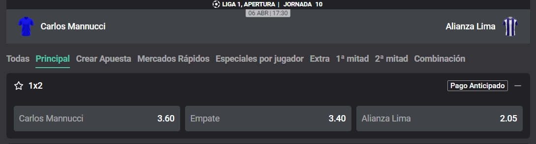Alianza Lima vs. Carlos Mannucci: cuotas del partido.